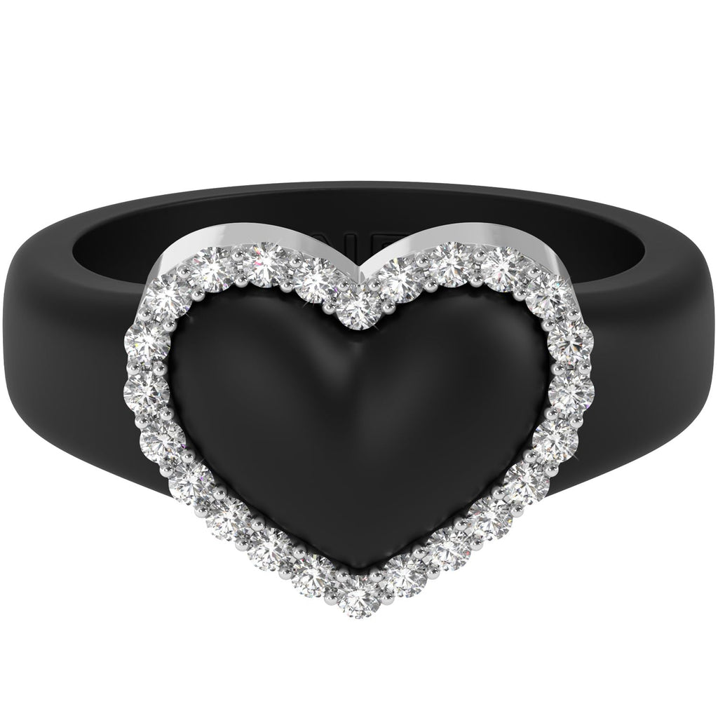 Rinfit Women's Silicone Wedding Band with Stones - Heart Ring with Cubic Zirconia - Black/Silver, Size 8
