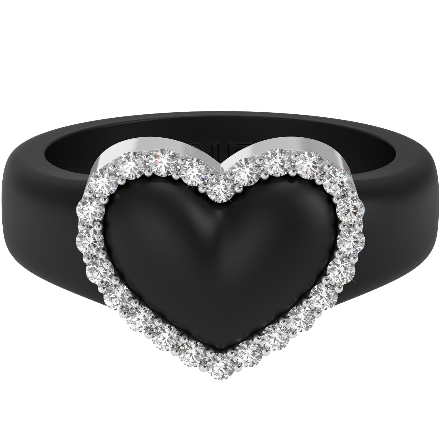 Rinfit Women's Silicone Wedding Band with Stones - Heart Ring with Cubic Zirconia - Black/Silver, Size 8
