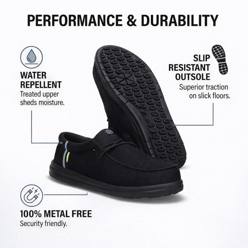 HEYDUDE Wally Work CT Wide Black/Black Size 10, Mens Shoes, Slip-on Loafers, Comfortable & Light-Weight