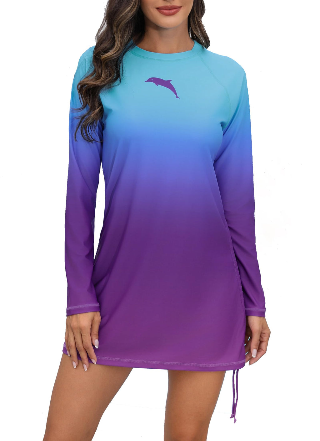Halcurt Women's Long Sleeve Rash Guard Swim Shirt with Tie Drawstring UPF 50+ Sun Protection Swimsuit Top Ombre Blue Purple M