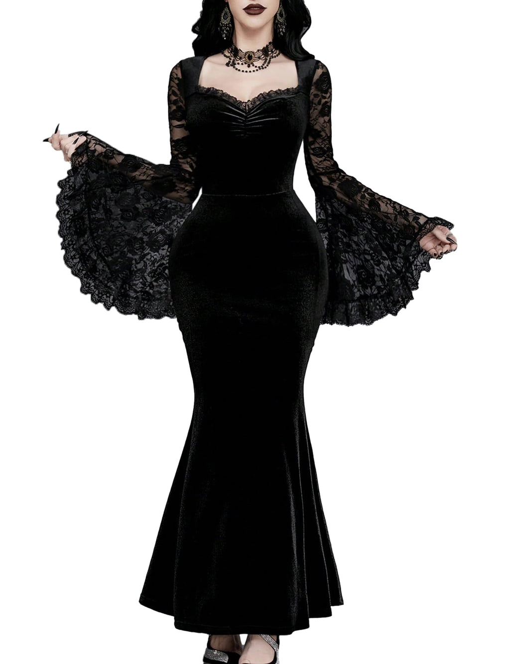 InGoticos Women Gothic Sexy Lace Patchwork Sleeve Fishtail Velvet Goth Dress Without Choker & Umbrella Black