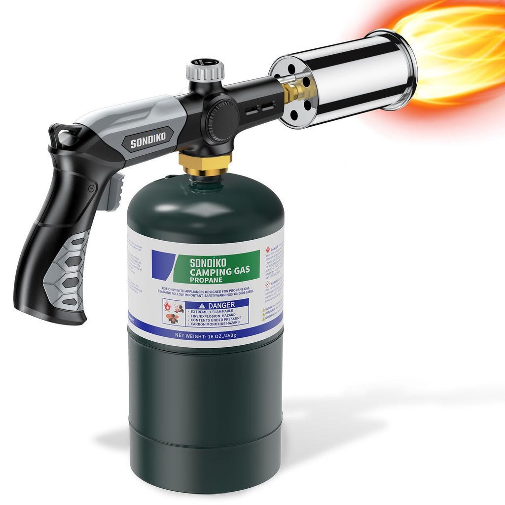 Sondiko Powerful Grill & Cooking Propane Torch L8010, Sous Vide, Campfire Starter, Adjustable Wood Torch Burner for Searing Steak, BBQ, Welding(Black, Grey) Propane Tank Not Included