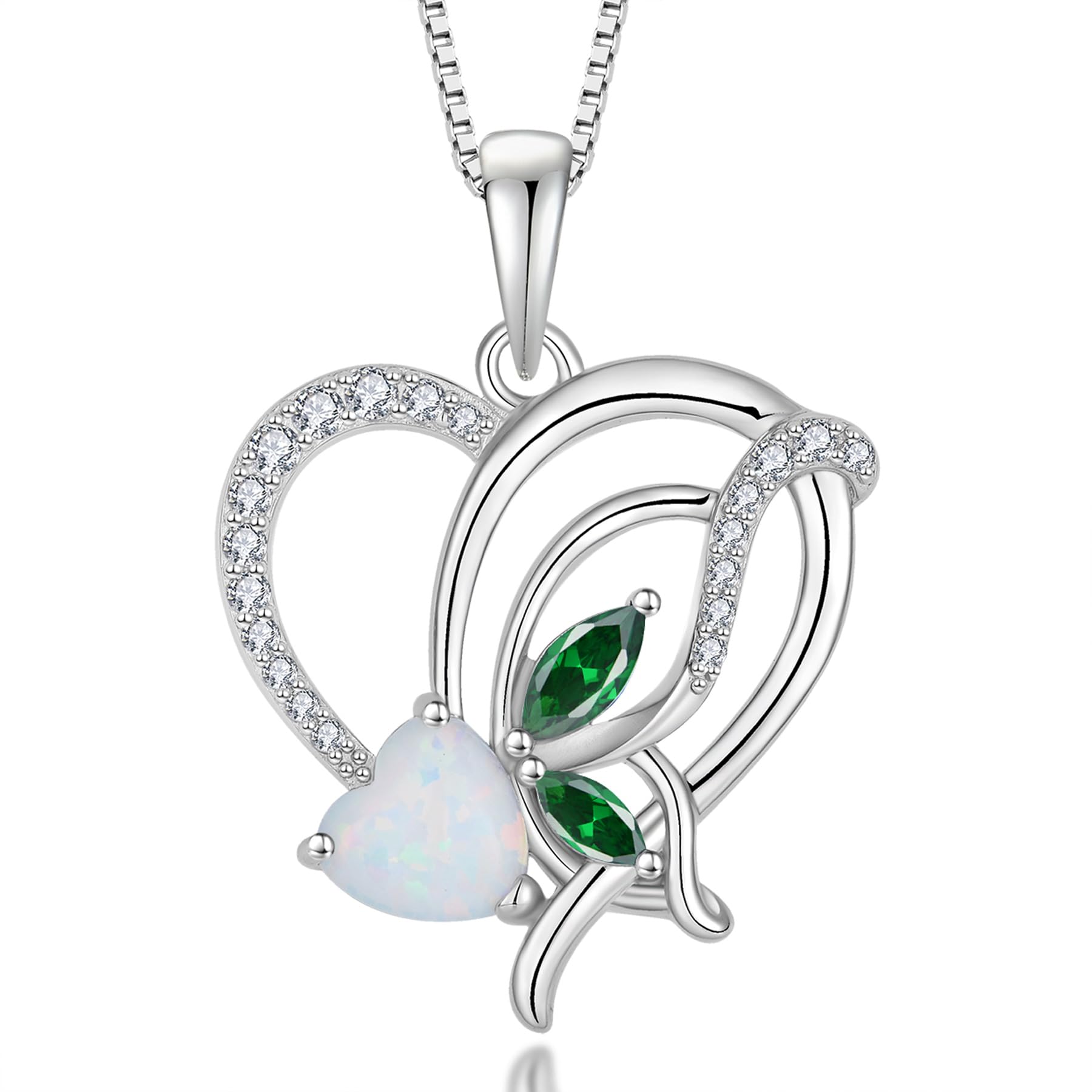YIFSIY Opal Heart Necklace for Women 925 Sterling Silver Butterfly Pendant Emerald Birthstone May Jewelry Gifts