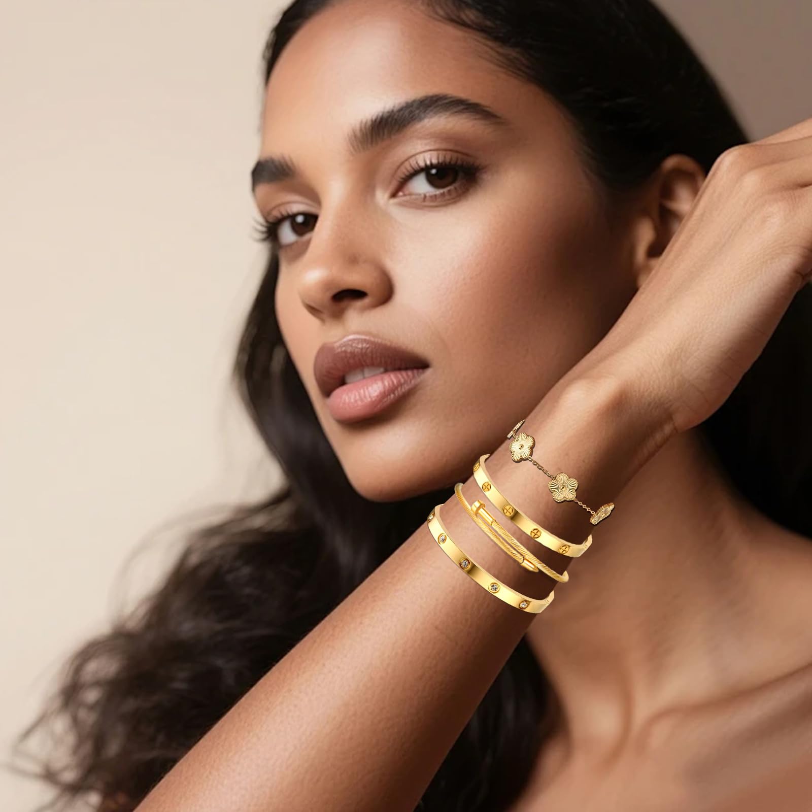 Ntutrxk Gold Bracelets for Women-4Sets,18K Gold Plated Bracelet,Stainless Steel Bangle Bracelets Non Tarnish, Gold Bracelet Set Trendy Jewelry,Christmas Valentines Birthday Gifts Mother's Day