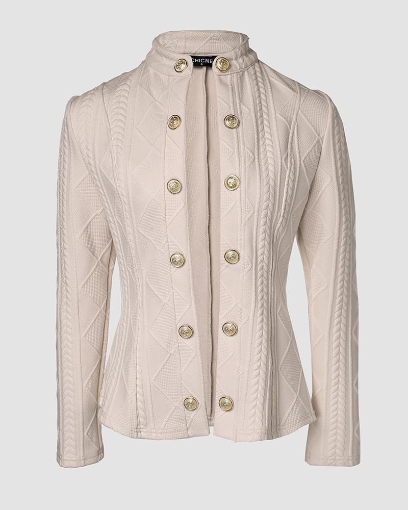 CHICME Women Argyle Cable Cardigan Casual Lightweight Cropped Coat Stand Collar Long Sleeve Metal Button Front Fall Jackets Light Khaki-XL