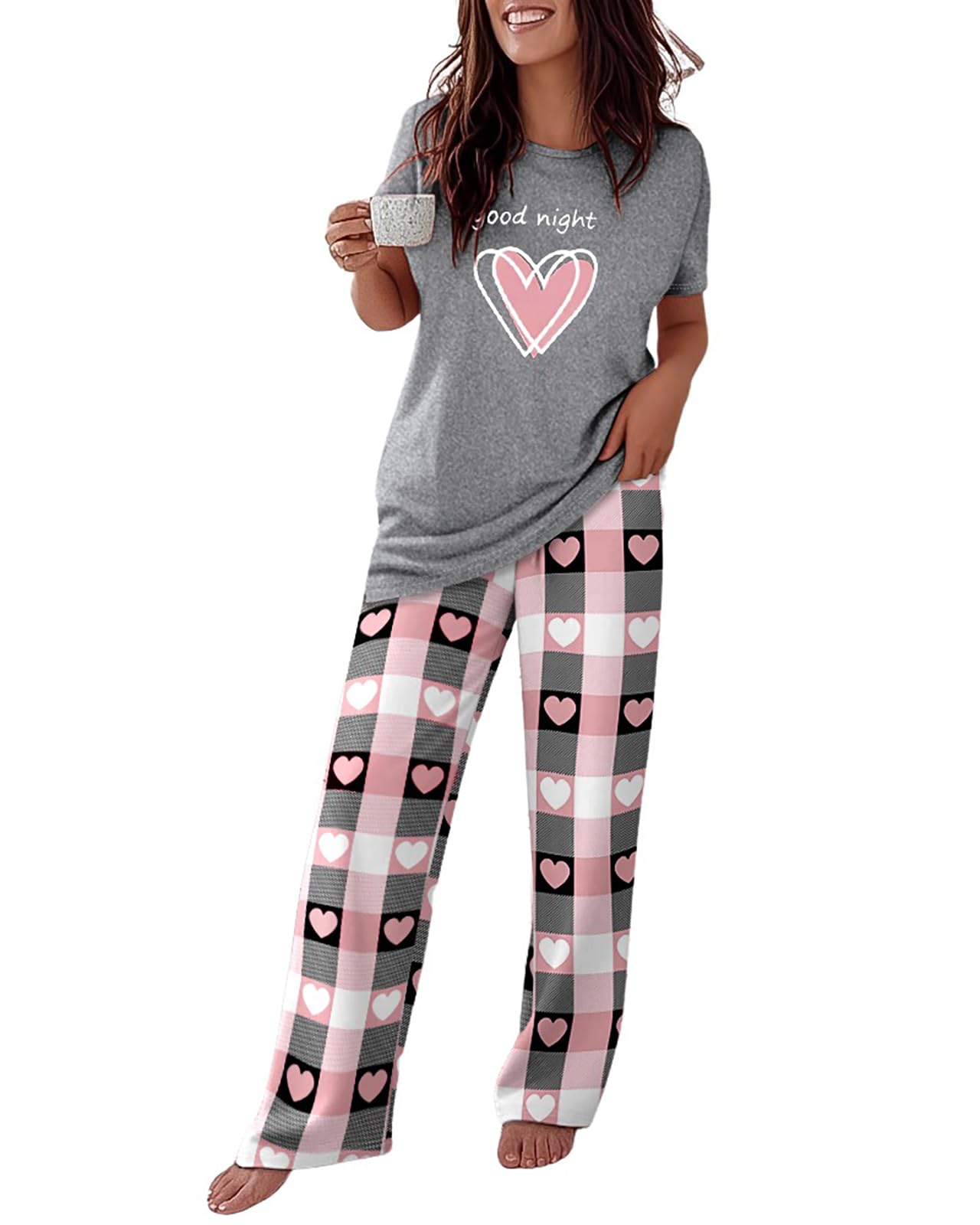 CHICME Womens Pajamas Sets 2 Piece Short Sleeve Lounge Set Printed Loose Pants Pj Sets Loungewear Set Heart Gray-L