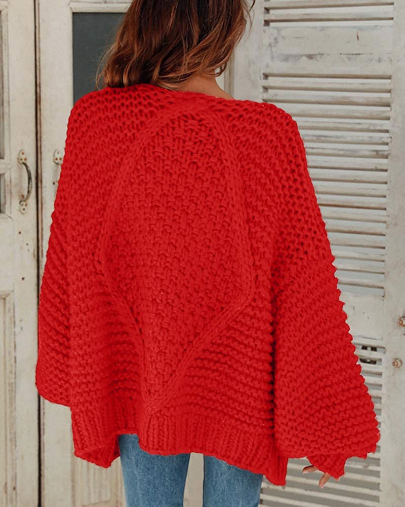 Cicy Bell Women's Open Front Chunky Knit Cardigan Loose Lantern Sleeve Oversized Sweater Coats (Red,X-Large)