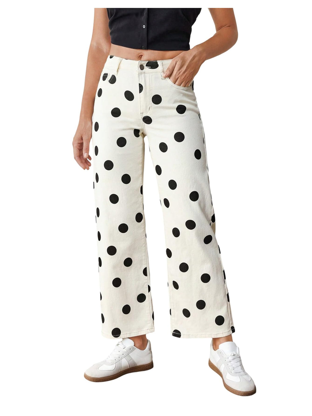 WDIRARA Women's Polka Dots Jeans Vintage Stretchy Straight Leg Denim Pants Beige 27