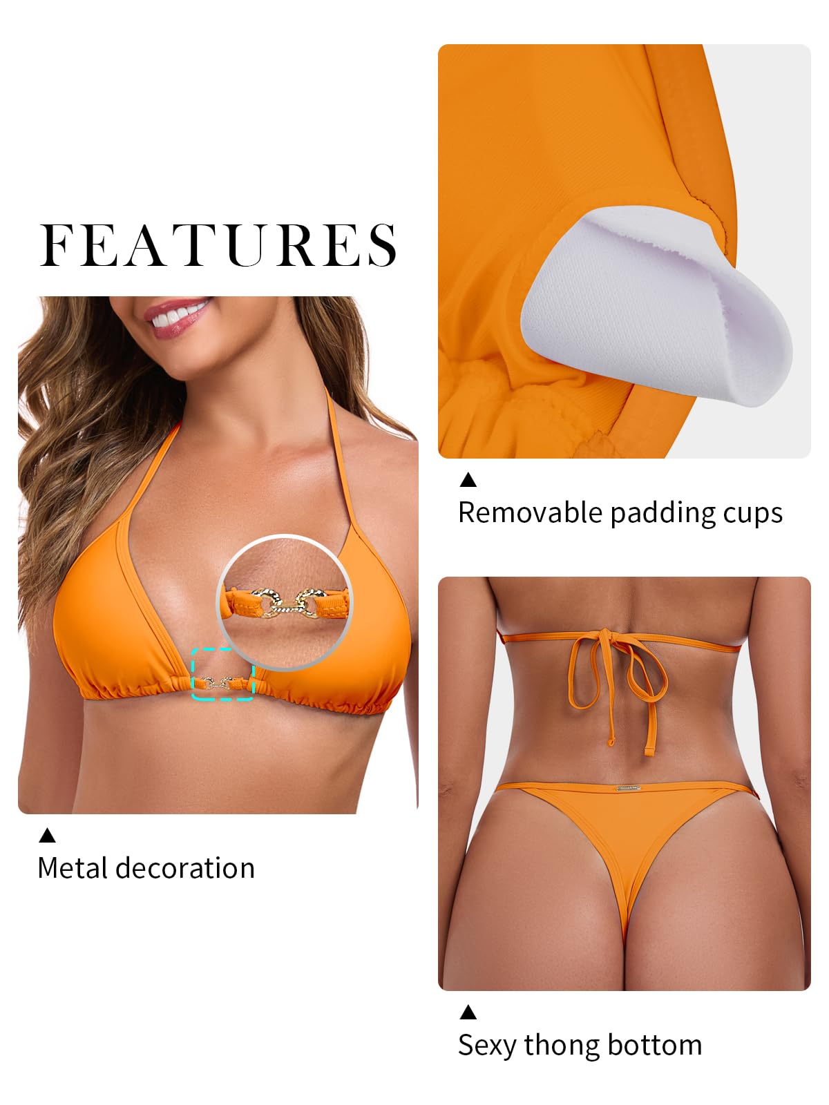 RELLECIGA Women's Thong Bikini Set Triangle Halter Sexy Brazilian Two Piece Swimsuit(Orange,Large