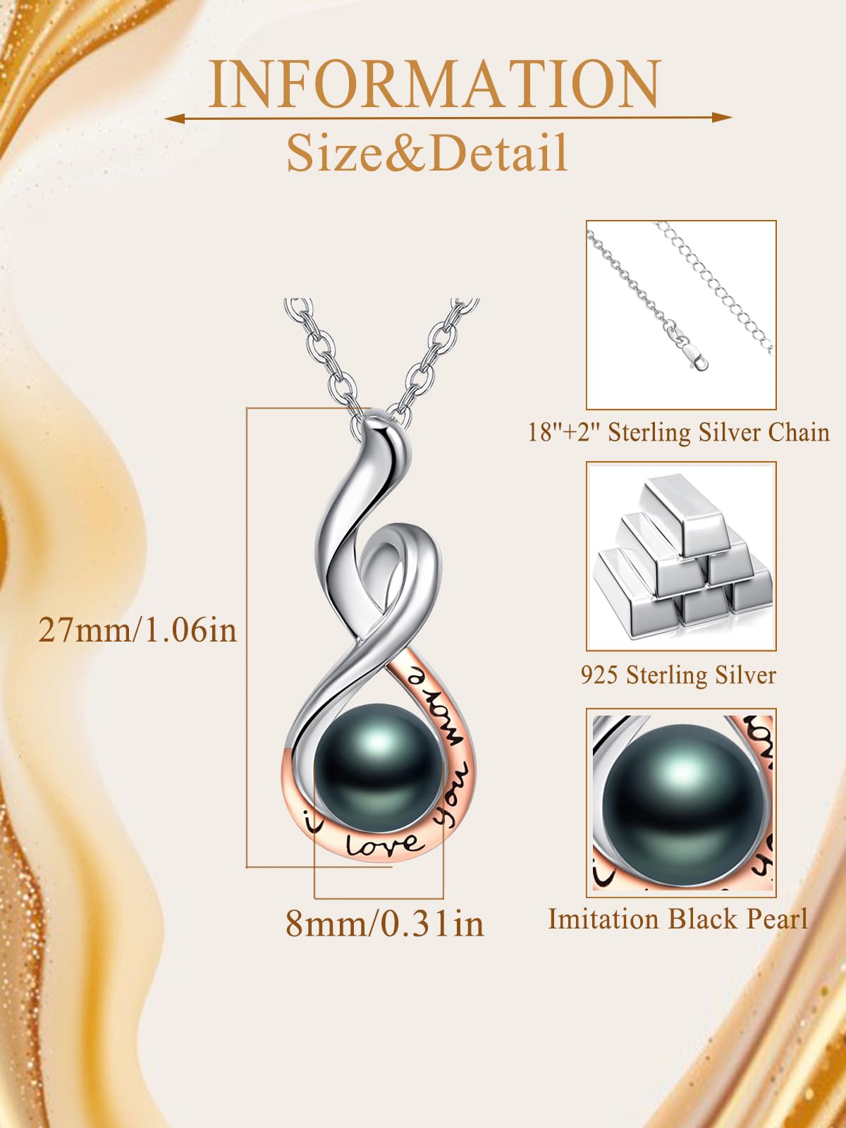 Zhi Kexin Black Pearl Necklace for Women 925 Sterling Silver I Love You More Pendant Necklaces Valentines Day Anniversary Jewelry Gifts for Wife Her
