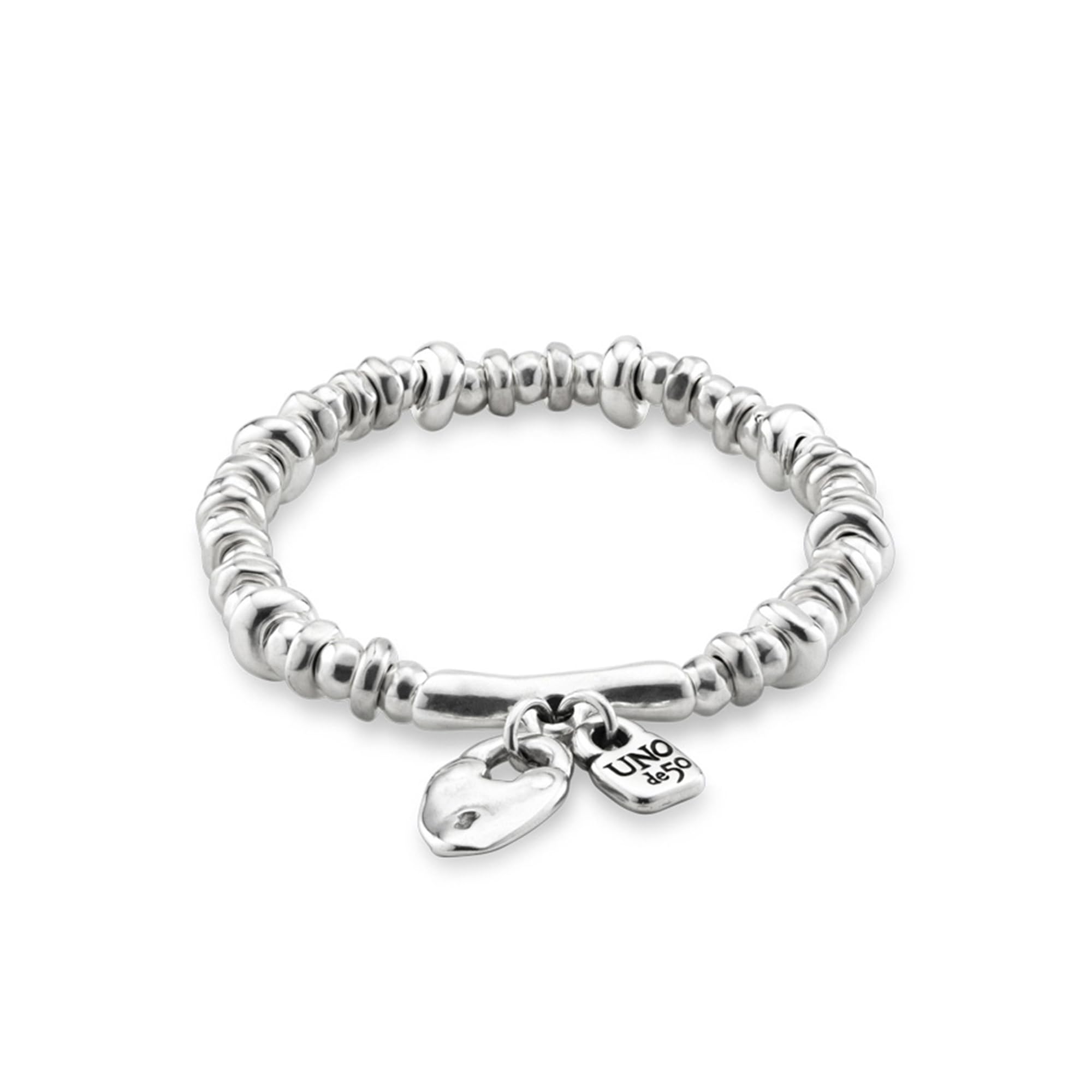 Uno de 50 HEART PADLOCK Stretch Bracelet, Sterling Silver-Plated