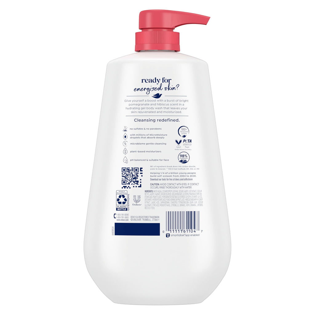 Dove Body Wash with Pump Rejuvenate Pomegranate & Hibiscus for 24hr Lotion-Soft Skin Moisturizing Skin Cleanser with No Sulfates No Parabens 30.6 Oz