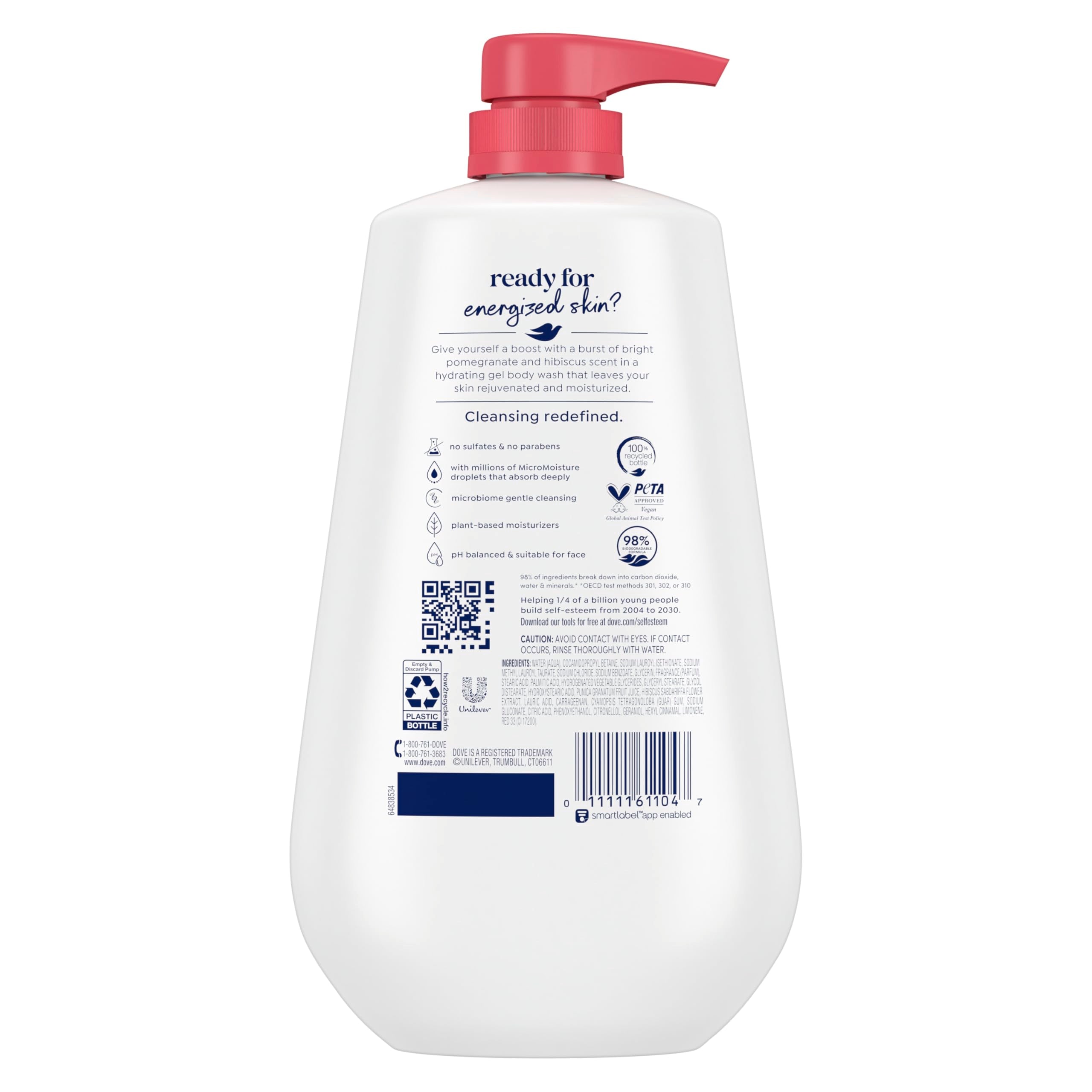 Dove Body Wash with Pump Rejuvenate Pomegranate & Hibiscus for 24hr Lotion-Soft Skin Moisturizing Skin Cleanser with No Sulfates No Parabens 30.6 Oz
