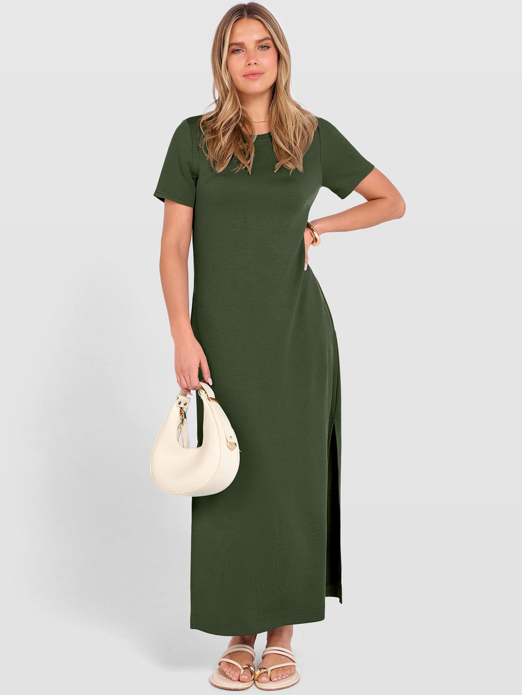 ANRABESS Womens Summer Casual Maxi Dress Short Sleeve Crewneck Split Wrinkle-Free Travel Long Sundress Beach Vacation Clothes Army Green Large