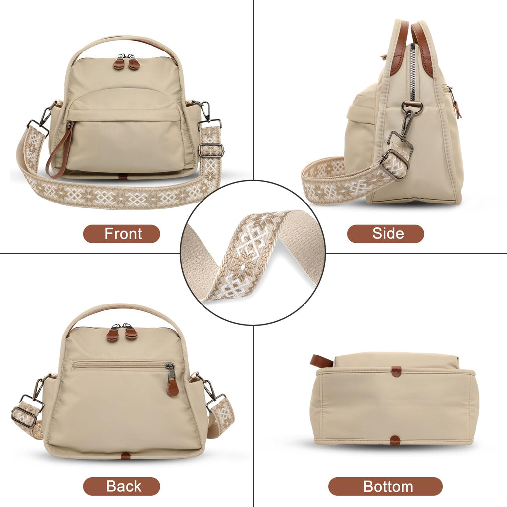 Nylon Crossbody Bags for Women, Water-Resistant Lightweight Shoulder bag with Large Capacity & Organized Design, Top Handle Bag with 2 Interchangeable Adjustable Shoulder Straps(Khaki)