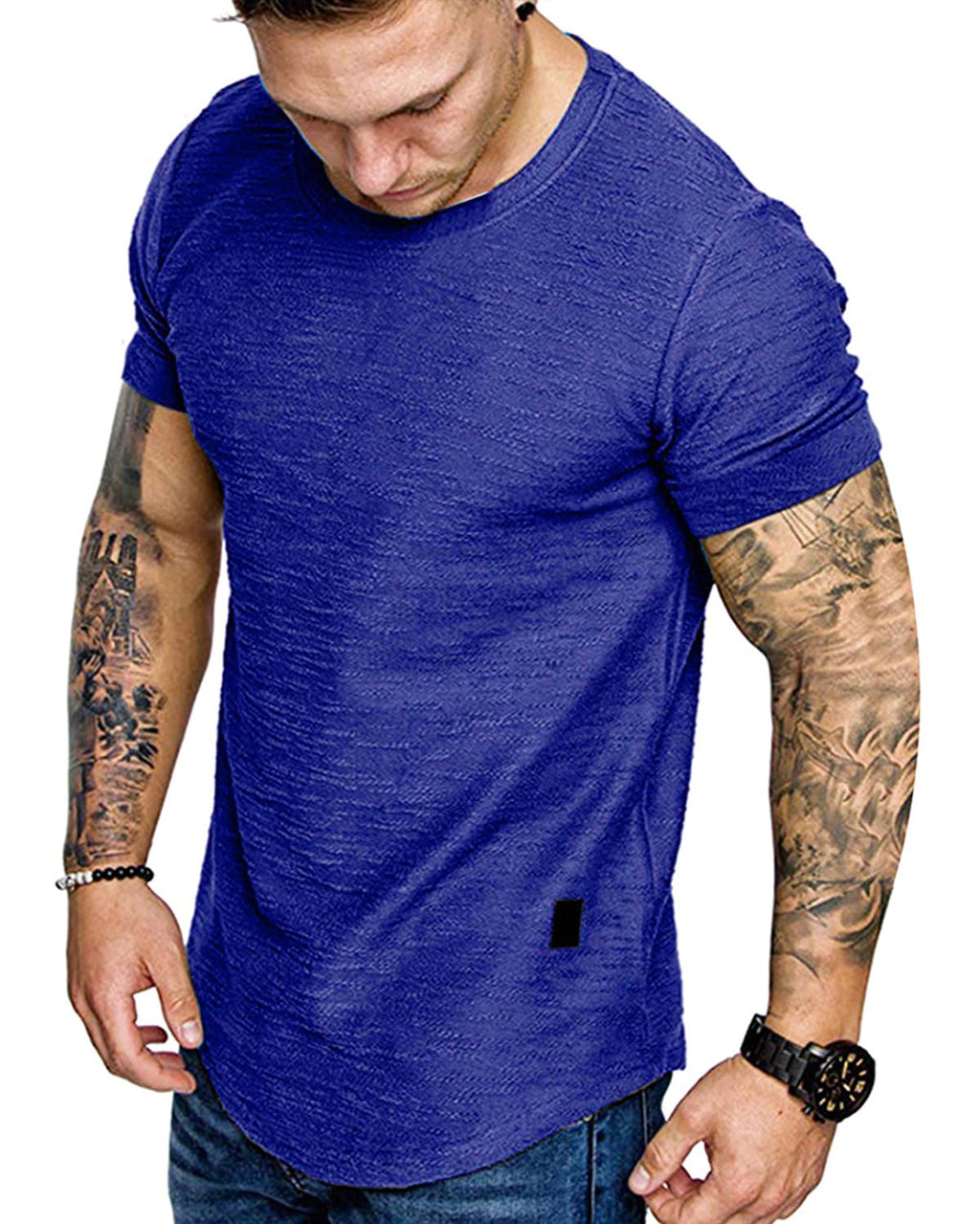 Fashion Mens T Shirt Muscle Gym Workout Athletic Shirt Cotton Tee Shirt Top 240-blue