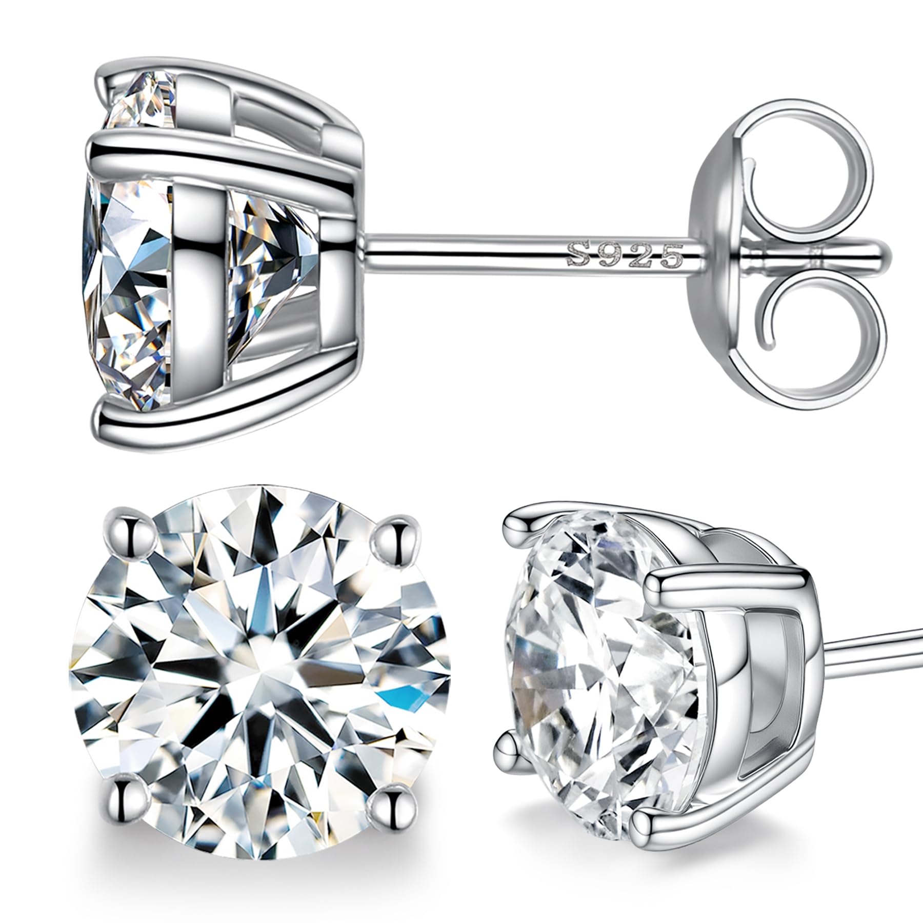 Moissanite Earrings for Women，Lab Greated Men Studs Sterling Silver Earring Plated 18k White Gold Hypoallergenic Jewelry (Silver, 2 CTW (1CT Each))