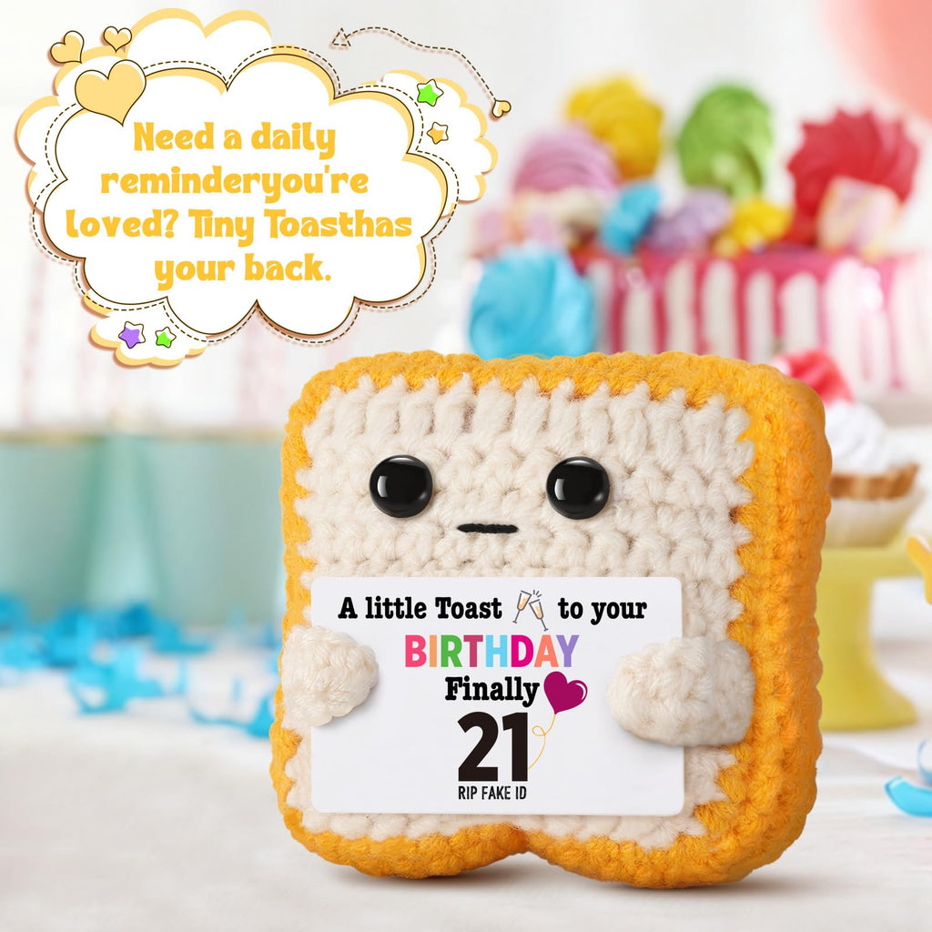 Ovrrcame Finally 21" Funny 21st Birthday Gifts for Her & Him - Crochet Toast with RlP Fake ID Gag Message - Unique Bar Cart Decor & Keepsake for Daughter, Son, Friend