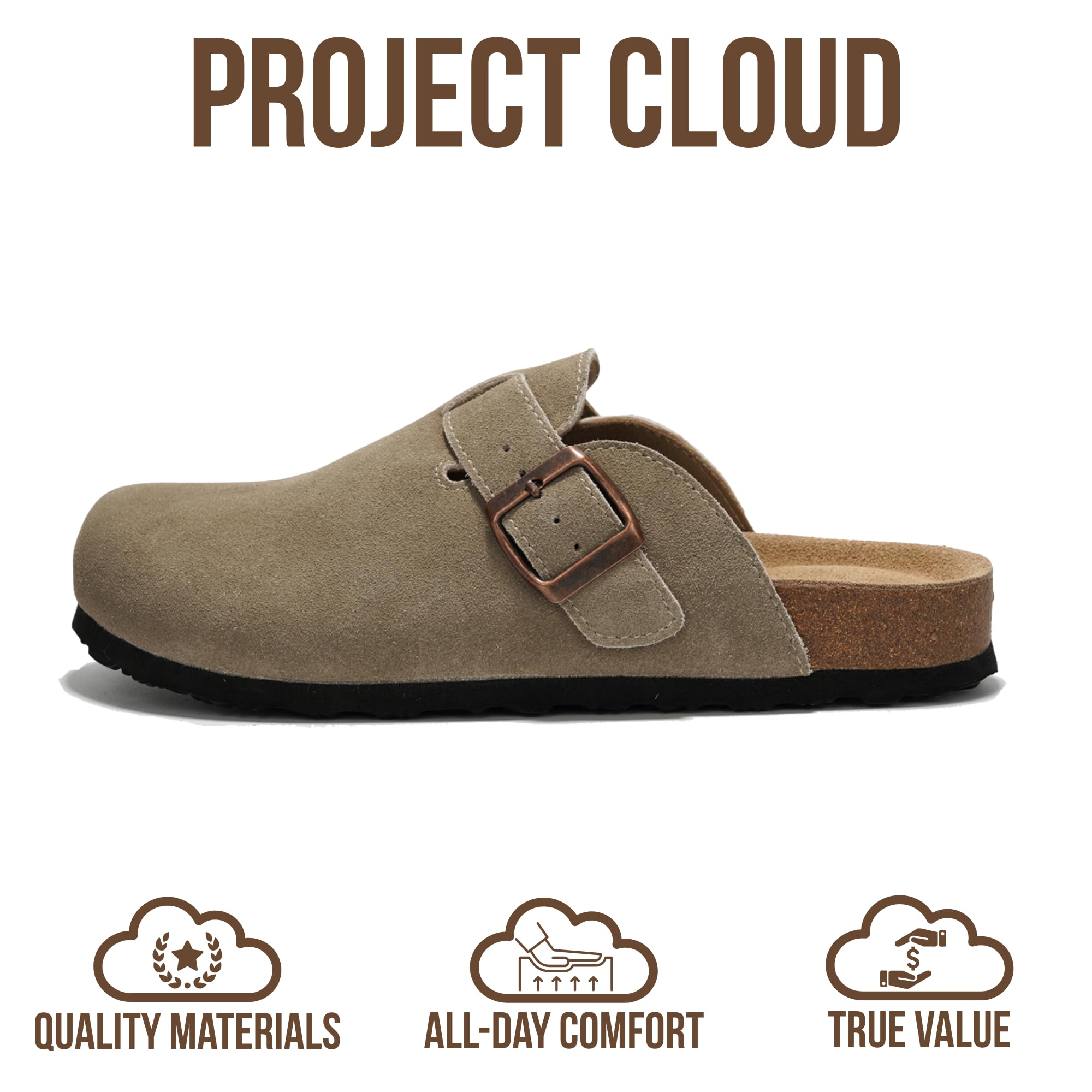 Project Cloud Genuine Leather Footbed Clogs for Women - Memory Foam Arch Support Slippers for Women - Trendy Slip-ons Women's Mules & Clogs Sandals (Benton,TaupeSuede, 5.5)