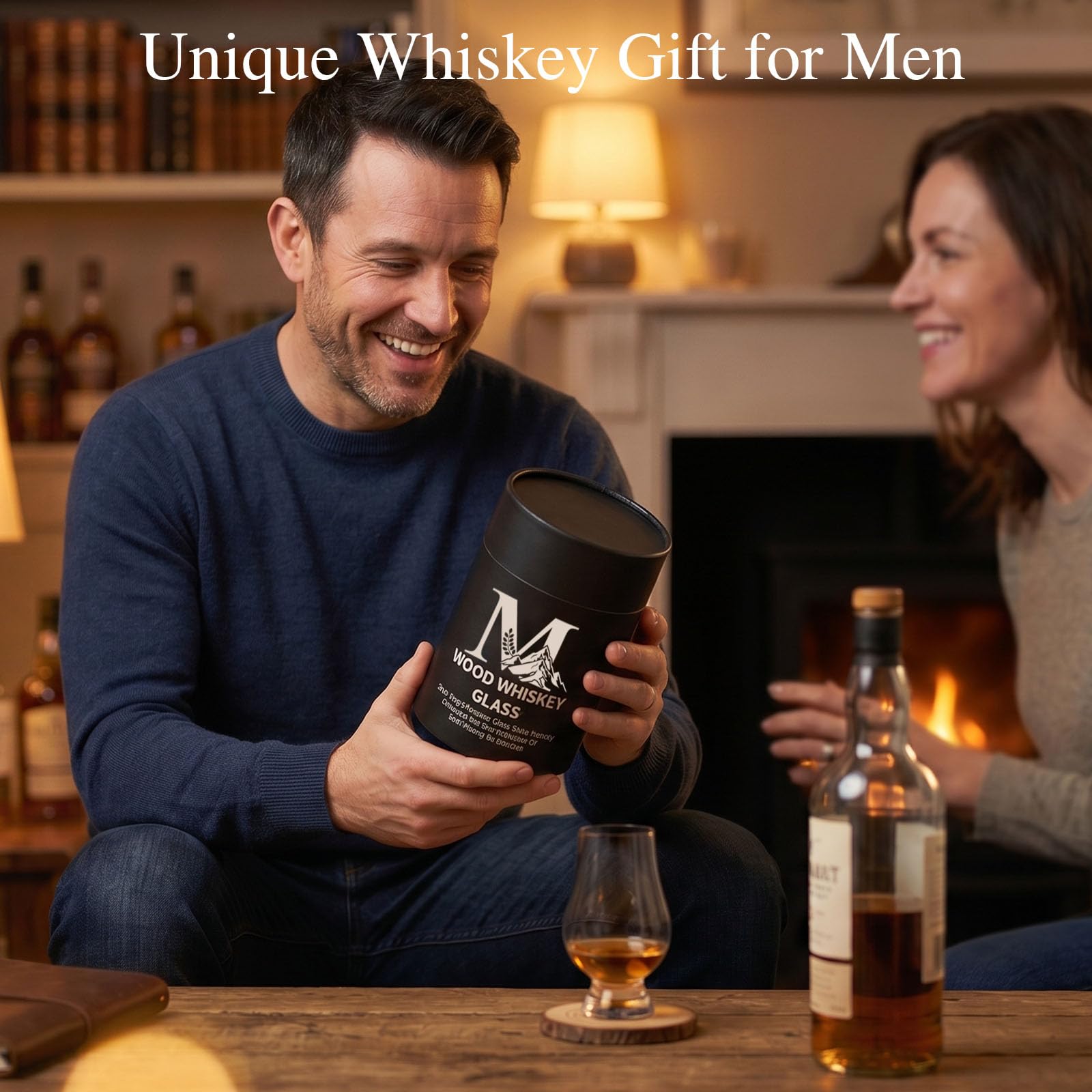 Gifts for Men – Personalized Wooden Whiskey Glass Set, 11oz Charred Oak Bourbon Glass with Coaster & Whiskey Stones, Unique Father’s Day, Anniversary & Birthday Gift for Dad, Husband(M)