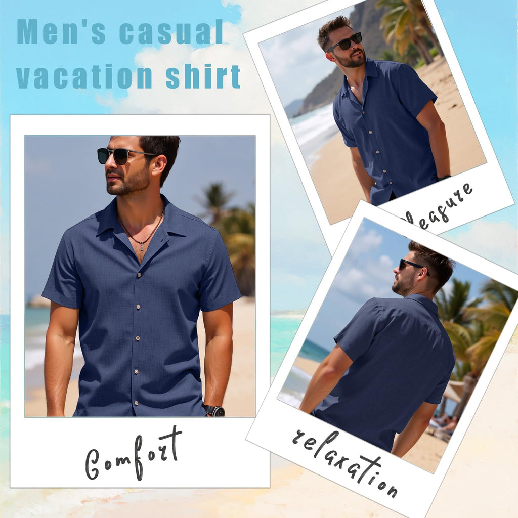 CURBODO Linen Blend Shirts for Men Casual Short Sleeve Button Down Shirt Cool Summer Beach Wedding Vacation Tops Navy Blue M