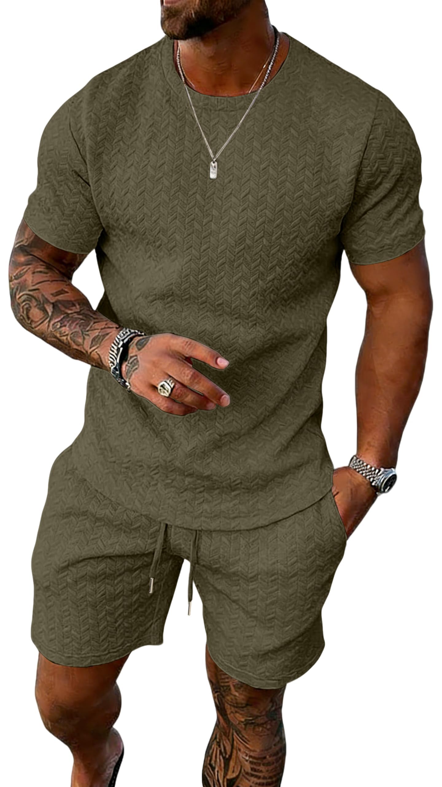 UOUA Mens Summer Outfits 2 Piece Short Set Casual Track Suits Matching Crew Neck Shirt and Vacation Shorts ArmyGreen M