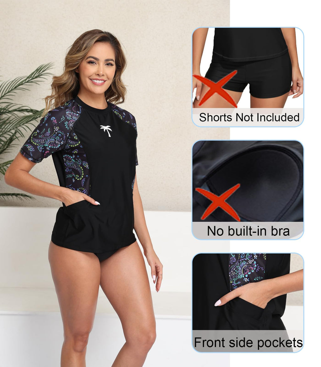 Halcurt Women's Short Sleeve Rash Guard Swimsuit Top with Pocket Swim Shirt Only UPF50+ Quick Dry Bathing Suit Paisley M