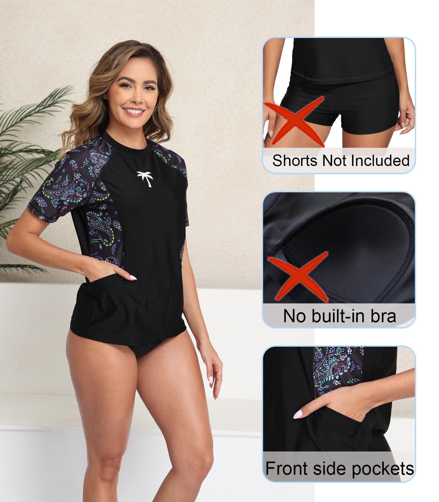Halcurt Women's Short Sleeve Rash Guard Swimsuit Top with Pocket Swim Shirt Only UPF50+ Quick Dry Bathing Suit Paisley M