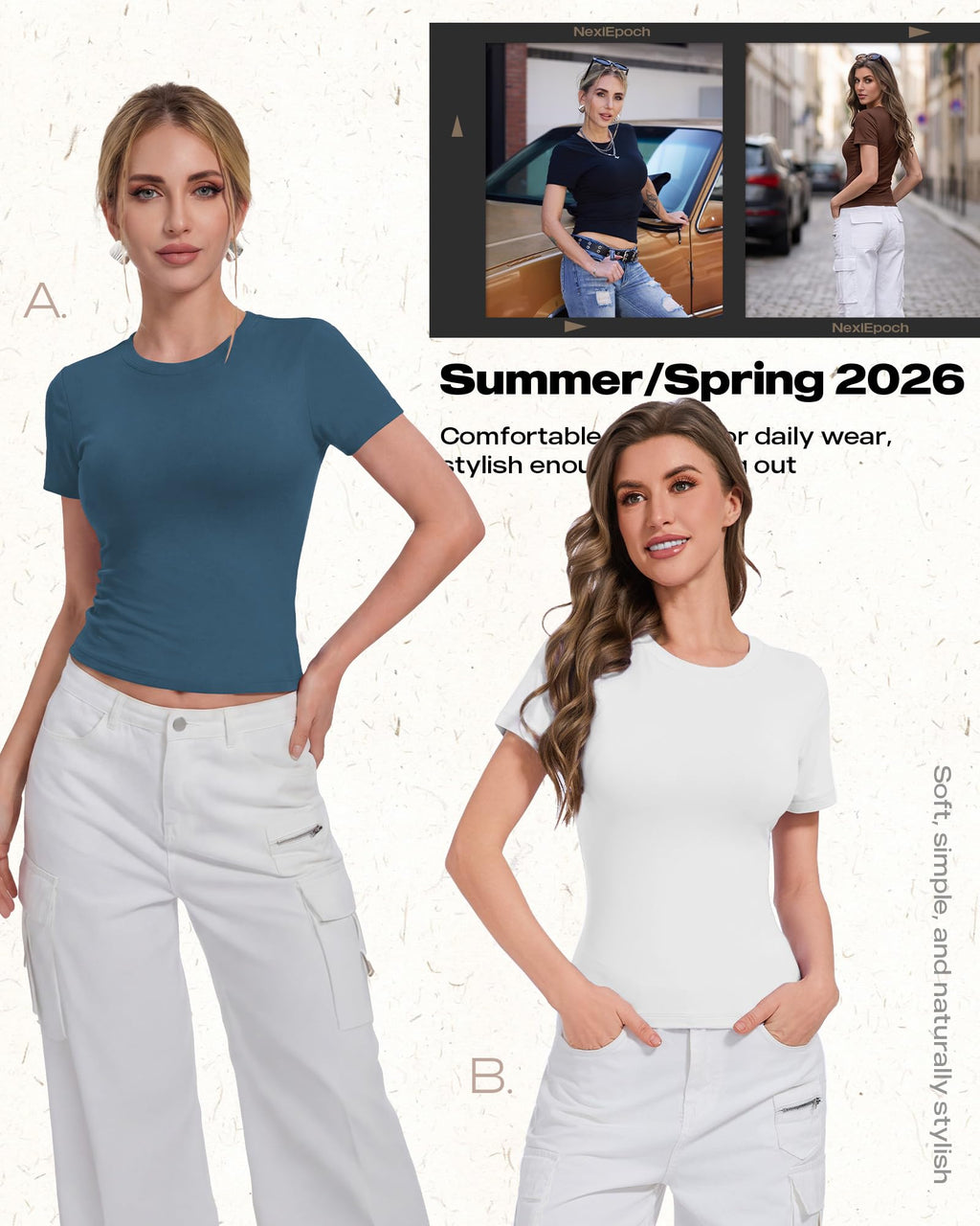 NexiEpoch 5 Pack T Shirts for Women - Crew Neck Short Sleeve Crop Tops Plain Casual Basic Tees Fitted Clothes Cute Y2K Outfit