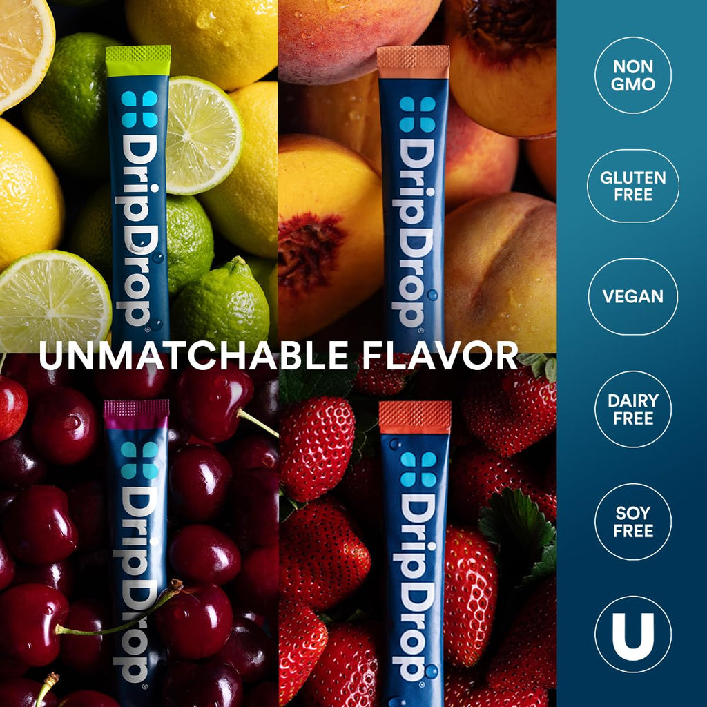 DripDrop Hydration Packets - Sunburst Variety Pack - Single Serve Electrolytes Powder Drink Mix - Lemon Lime, Strawberry, Peach, Black Cherry - Non-GMO, Gluten Free, Vegan - 32 Sticks