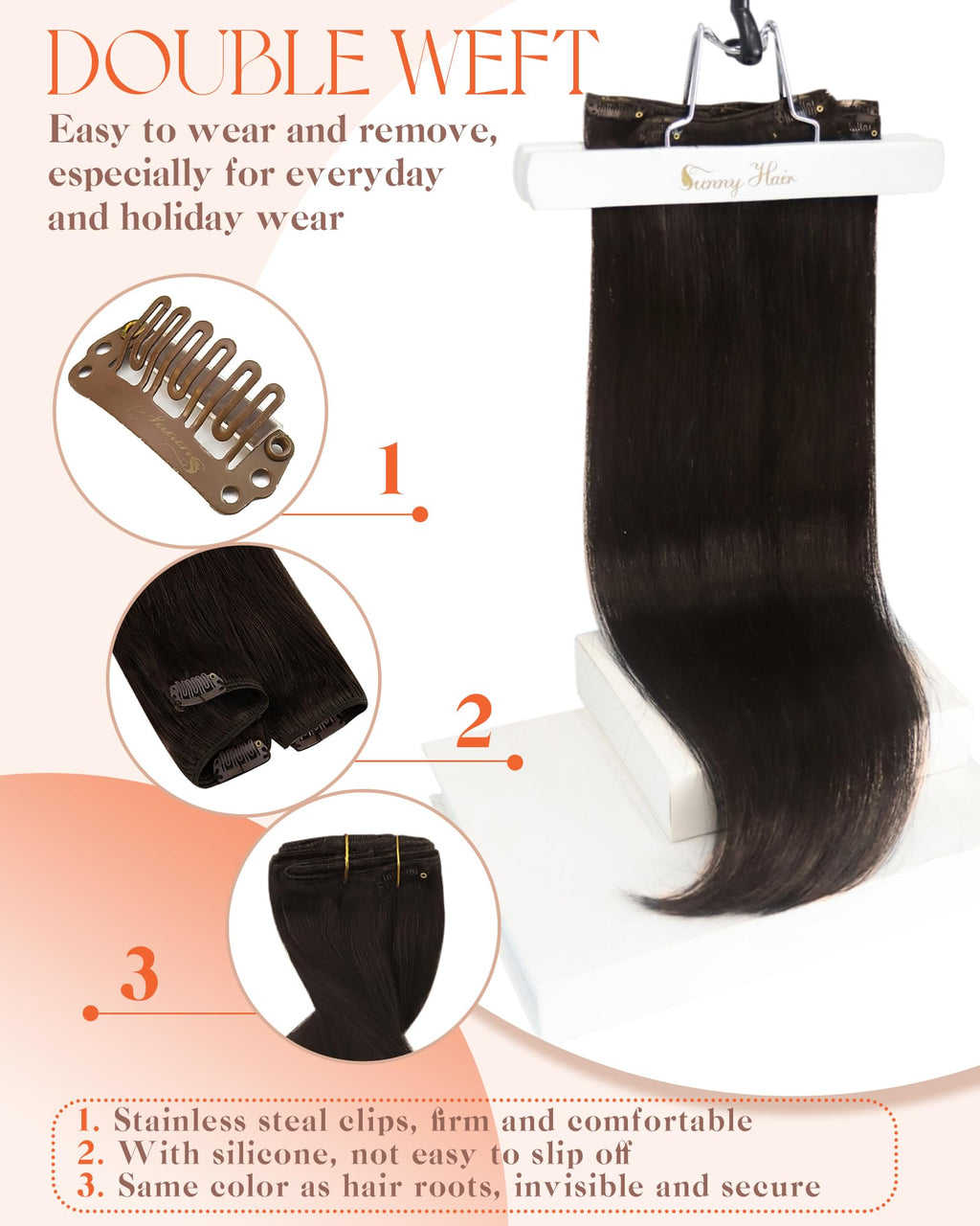 Sunny Hair Clip in Hair Extensions Real Human Hair Double Weft Remy Hair Clip in Extensions Human Hair for Women Full Head Dark Brown 24 inch
