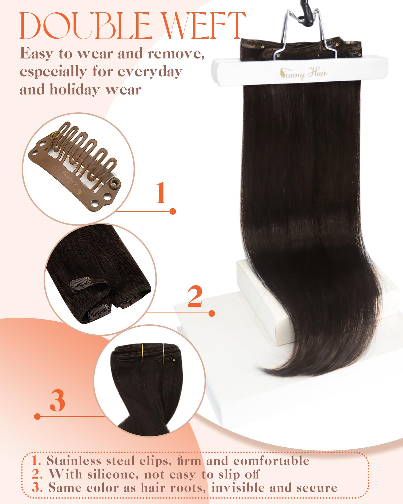 Sunny Hair Clip in Hair Extensions Real Human Hair Double Weft Remy Hair Clip in Extensions Human Hair for Women Full Head Dark Brown 24 inch