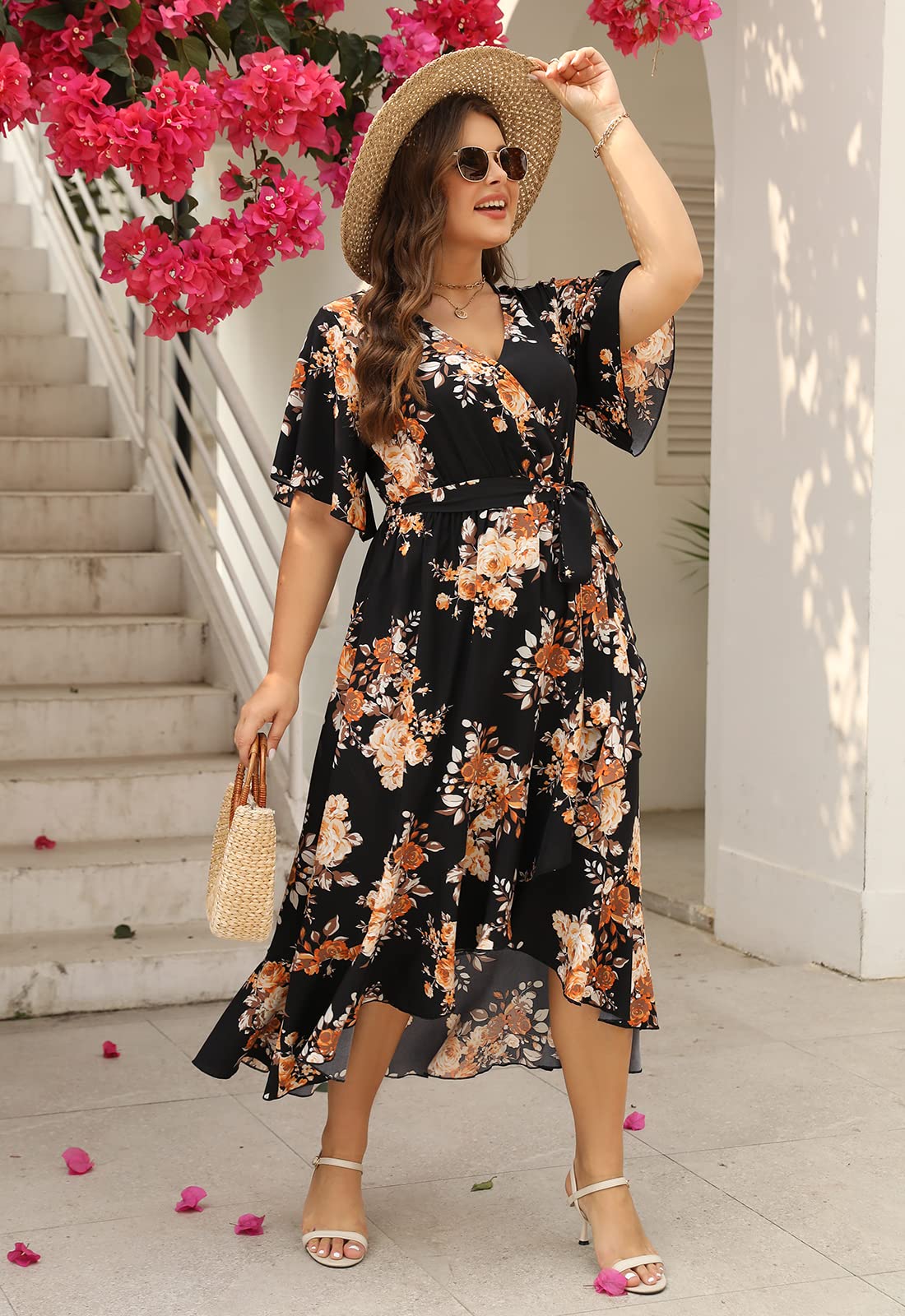 Keluummi Plus Size Maxi Dress for Women Floral Empire Waist V-Neck 3/4 Sleeve with Pockets(18 Plus, 01 - Black Floral)