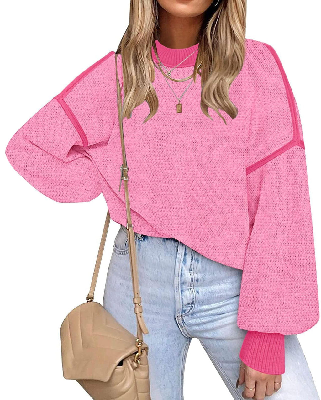 Fall Clothes for Women 2026 Trendy Fashion Oversized Sweaters Color Block Long Sleeve Knited Pullover Tops Winter Outfits,Pink,Medium