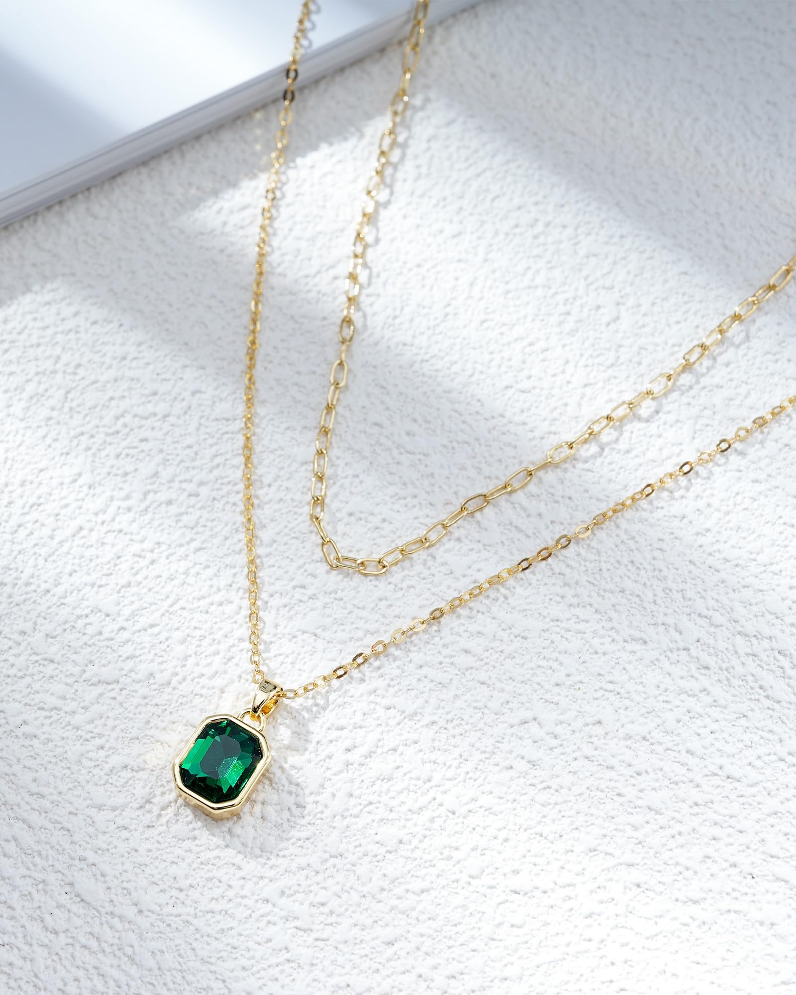 ACECHA Gold Layered Necklaces for Women, 18k Gold Plated Paperclip Chain Choker Necklace with Rectangle Crystal Birthstone Pendant Dainty Emerald Green Jewelry Gifts (Emerald)