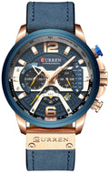 FANMIS Mens Luxury Watches Business Chronograph Dress Waterproof Leather Strap Analog Quartz Wrist Watch (Blue Rose)