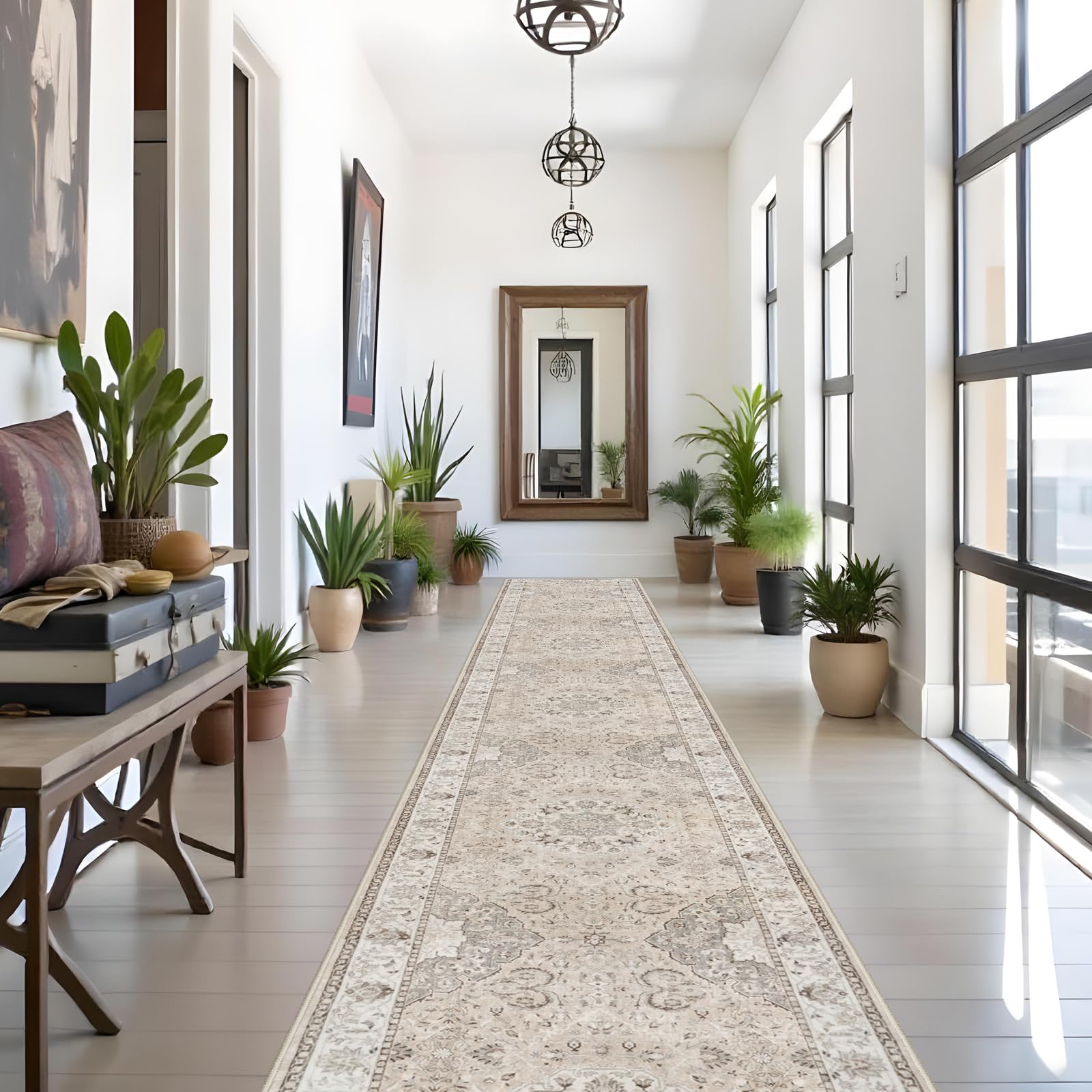 Washable Hallway 3x18 Runner Rug: Vintage Ultra Soft Non Slip Runner for Kitchen Entrance Indoor Farmhouse Long Carpet for Living Room Bathroom Low Pile Floor Mat for Bedroom Dining Room (3X18, Beige)