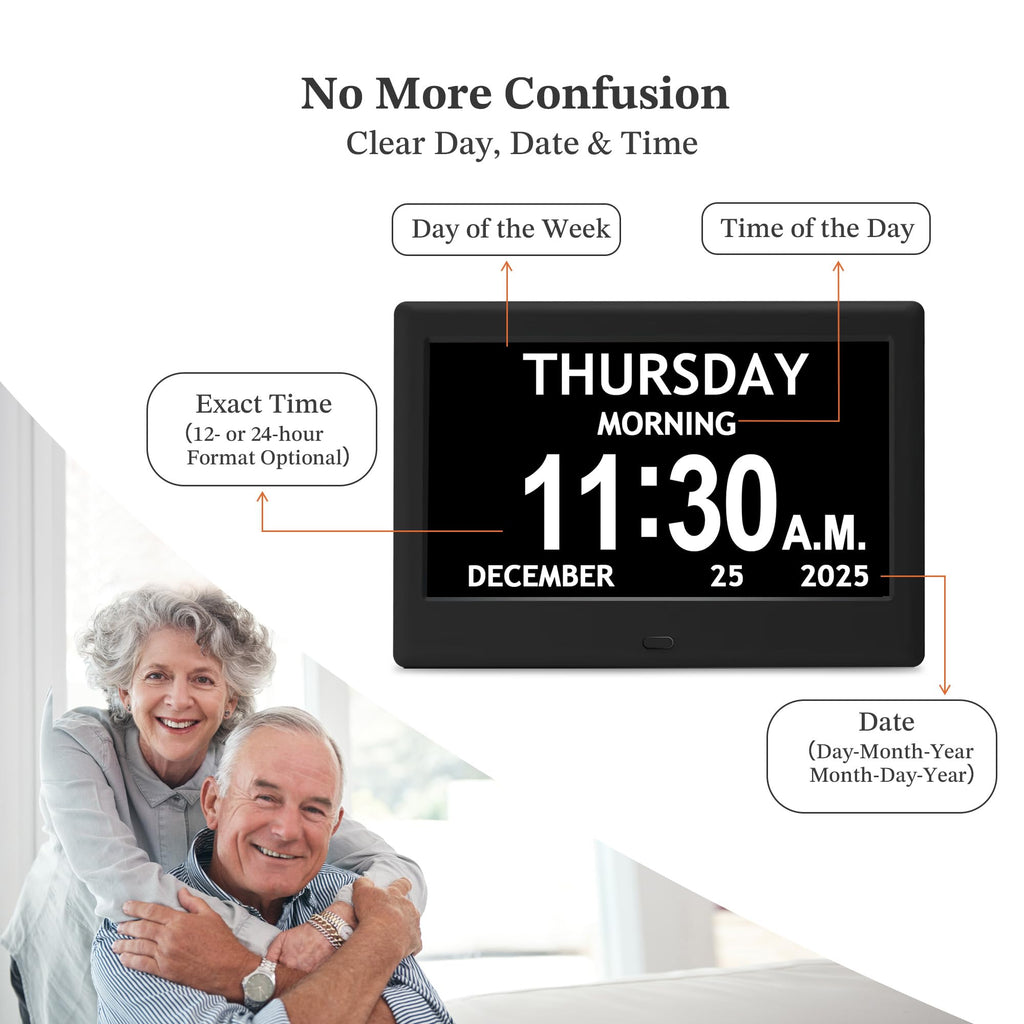 7'' Dementia Clock For Seniors, Large Display Digital Clock With Date, Time, Day Of Week for Elderly, Memory Loss, Alzheimer, 1024*600P HD, 10 Reminders & 6 Alarms, Auto Dimming & DST, Remote Control