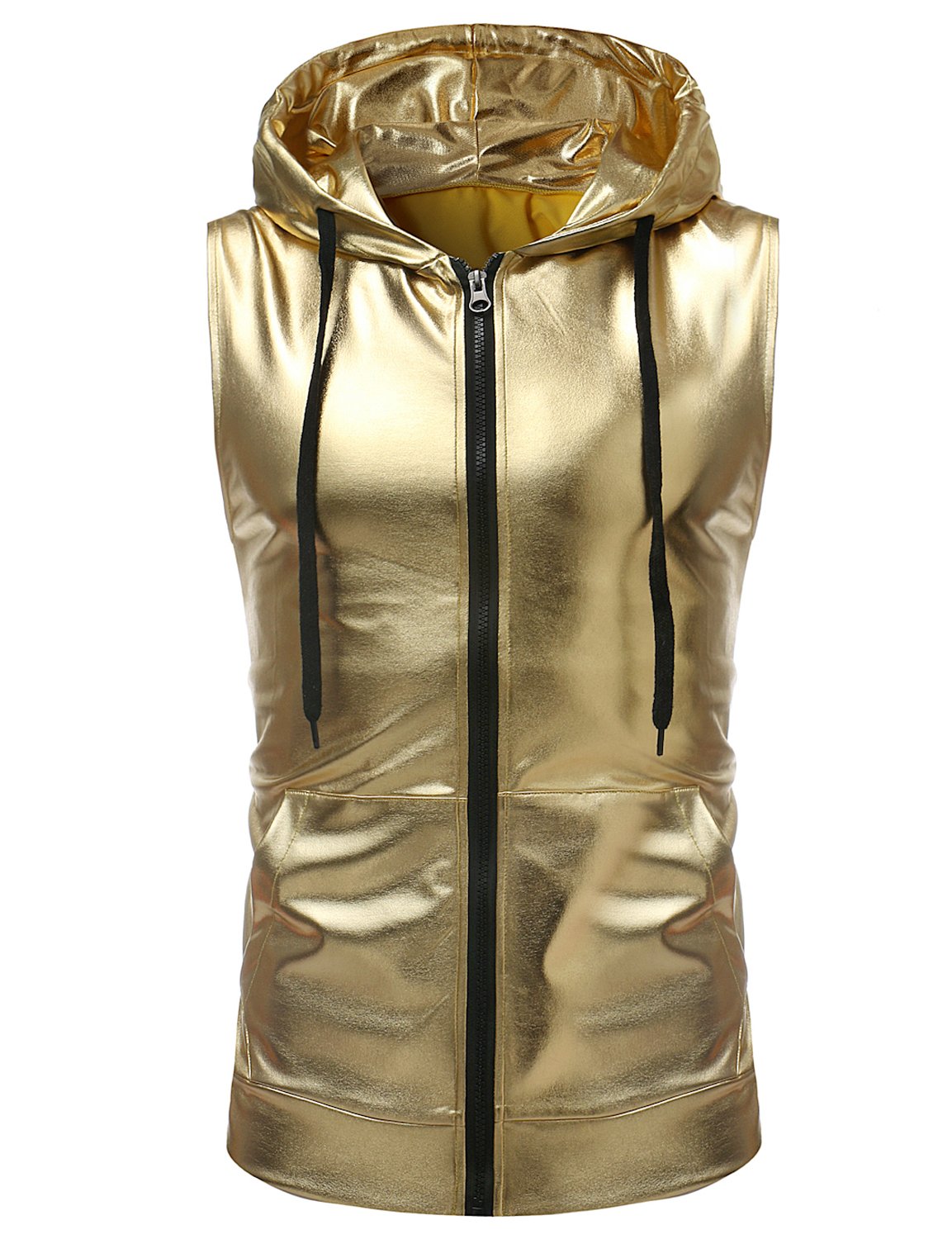 ZEROYAA Mens Hipster Metallic Zip Up Sleeveless Hooded Vest T Shirt with Kangaroo Pocket Z86 Gold Medium