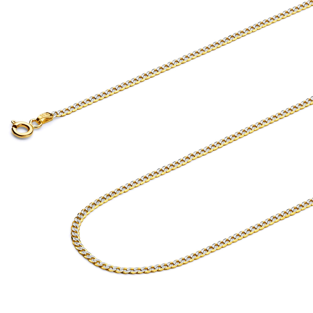 14k REAL Two Tone Gold Solid 2mm Cuban Concave Curb White Pave Chain Necklace with Spring Ring Clasp - 16"