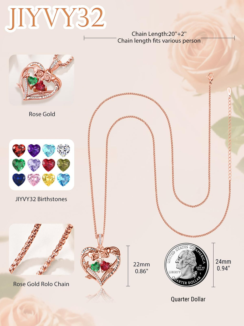 JIYVY32 Emerald Ruby Necklace May July Birthstone Necklace Jewelry Rose Heart Birthstone Necklaces for Women Gifts for Wife Girlfriend Mothers Gifts for Mom