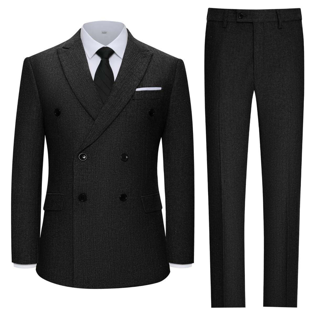 Lynerun Tweed Herringbone Suit Men 2 Piece Slim Fit Black Suits for Men Formal Double Breasted Wool Jacket Pants Set Prom Tuxedo L