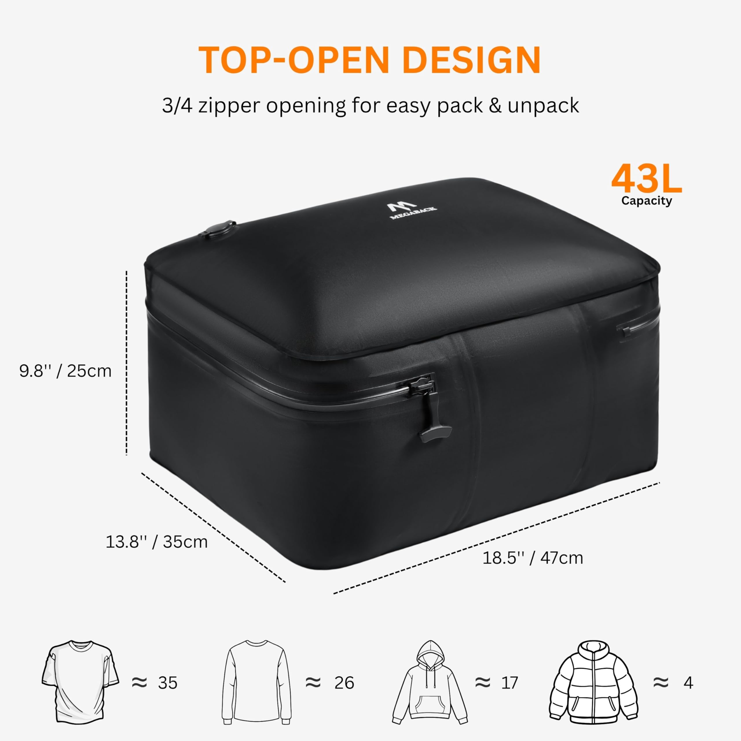 Megaback Travel Vacuum Bags for Luggage with Pump, Reusable Vacuum Seal Bags for Clothing, IP68 Waterproof, Top-open Design, Fits 20/24/28 Inch Suitcase (1PC+Pump, 43L)