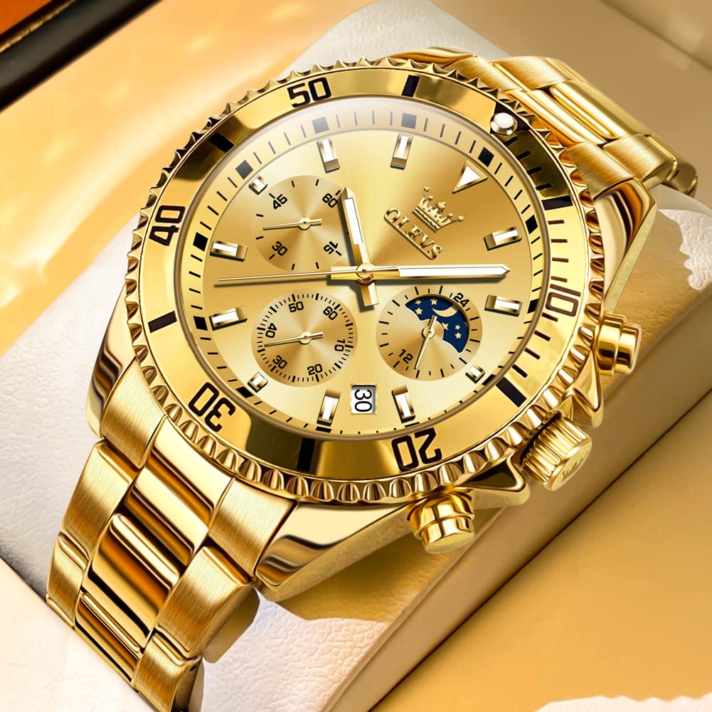 OLEVS Watch Men Gold Watches for Men Big Face Luxury Dress Chronograph Waterproof Stainless Steel Men's Wrist Watches Gold and Silver Analog Quartz Date Men's Watch Relojes para Hombres