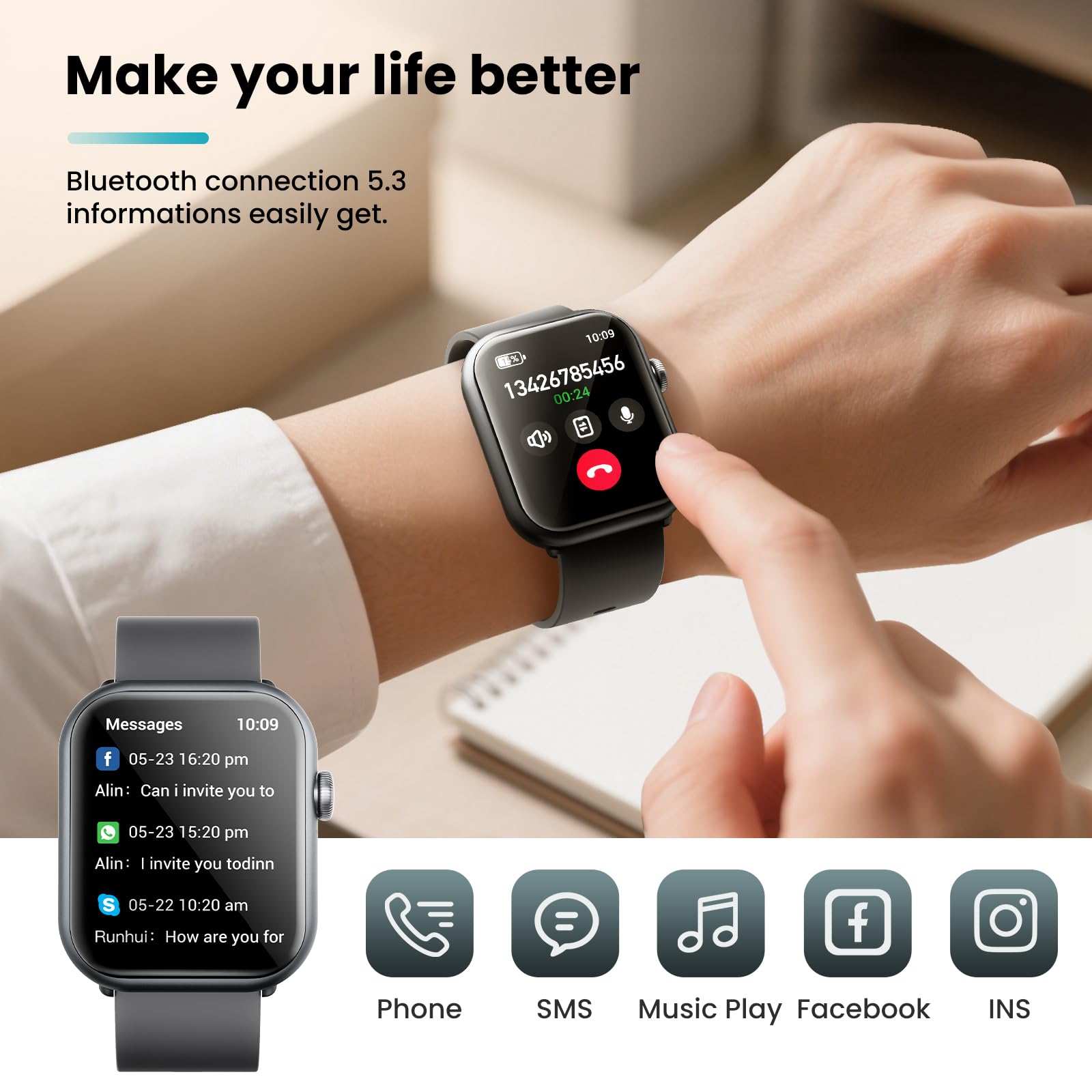 HOMOGO Smart Watches for Men Women, 1000mAh Battery Life Smart Watch for Android and iPhone Compatible, Fitness Tracker with Heart Rate/SPo2/Sleep Monitor, 100+ Sports Modes, IP68 Waterproof