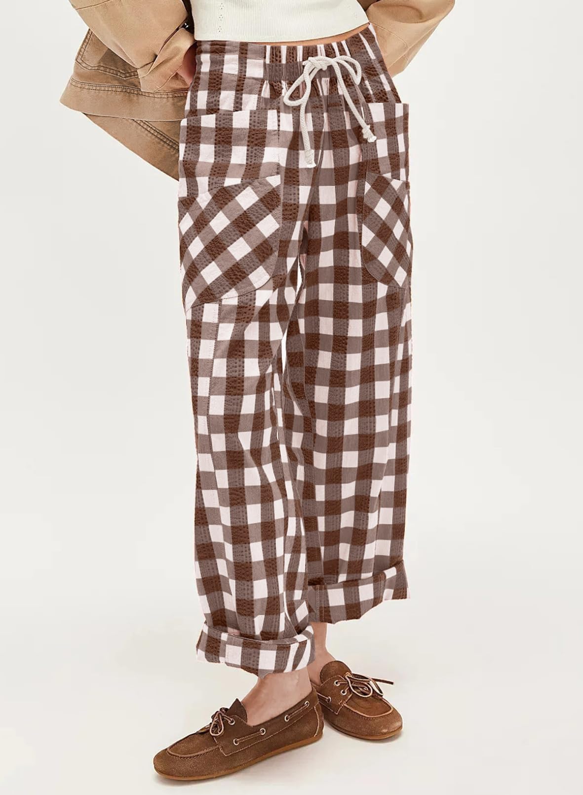 Acelitt Womens Casual Checkered Pants Fall Fashion 2026 Loose Drawstring Elastic Waist Ankle Pants Trousers with Pockets Brown Large