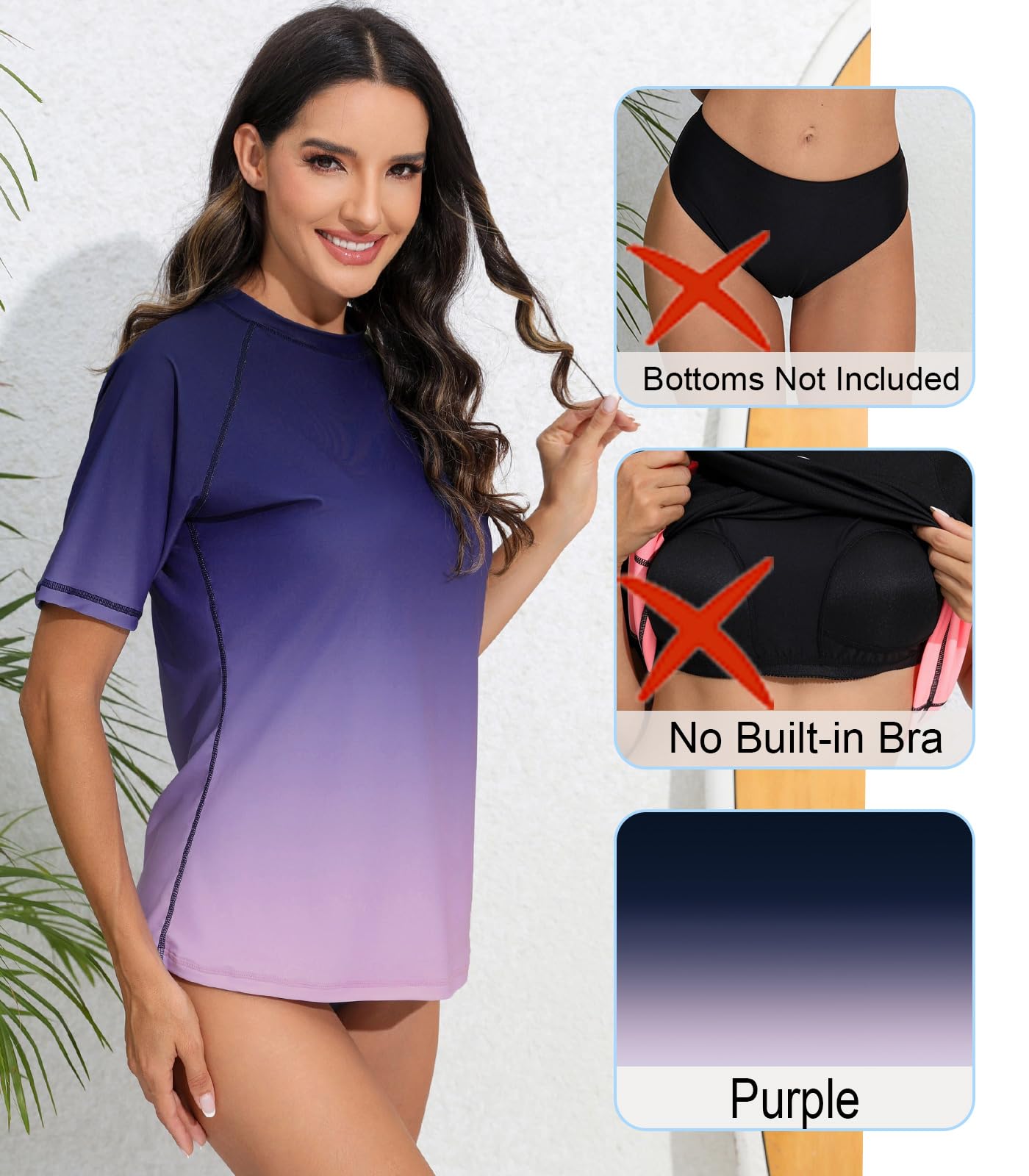 Halcurt Women's Short Sleeve Swim Shirt Rash Guard Swimsuit Top Only UPF50+ Sun Protection Bathing Suit Purple M