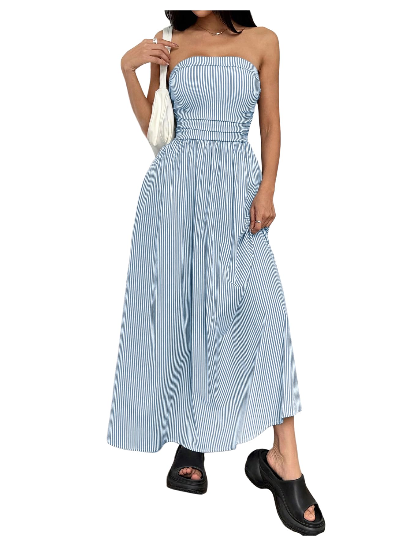 Milumia Women's Striped Strapless Maxi Dress Summer Casual Tube Top Long Dresses with Pocket Blue and White X-Small