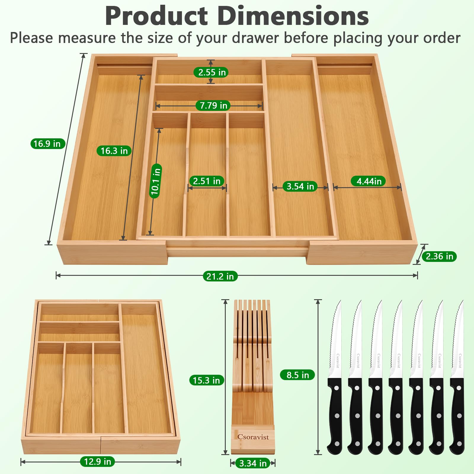 Csoravist 9-Piece Bamboo Kitchen Drawer Organizer Set, Expandable Silverware &Utensil Organizer with Removable Knife Block & Steak Knives, Flatware Organization, Tableware Dividers Storage(Natural)