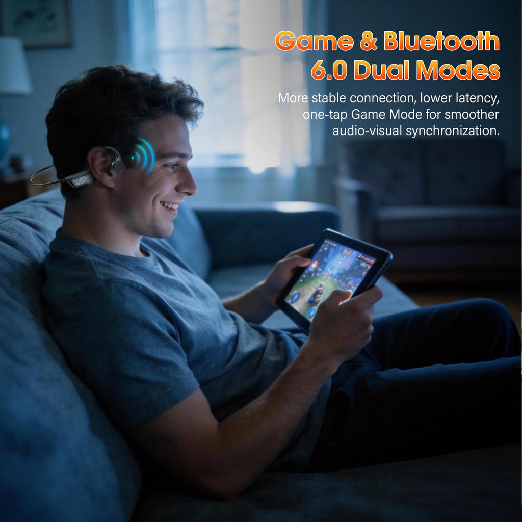 Bone Conduction Headphones Bluetooth 6.0 Earbuds, Open Ear Headphones with Dual Driver Sound, LED Display, IP67 for Sport / running, Dual Device Connection & Low-Latency Game Mode,12 Hours Playtime